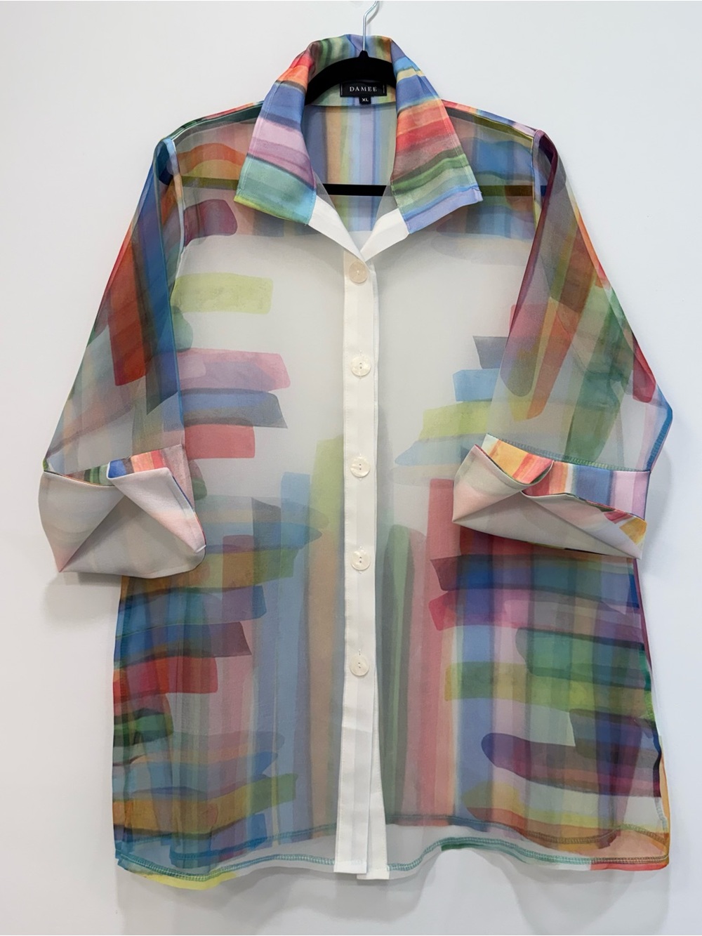 Damee Sheer Organza Colorful Brushstroke Stripe Button-Up Shirt Wired Collar XL